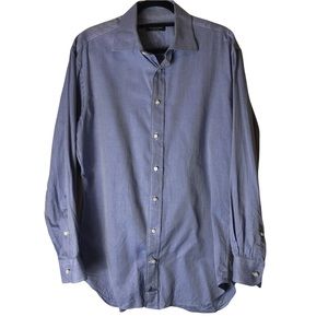 Holland and Sherry Bespoke Blue and White Herringbone Pattern Custom Dress Shirt